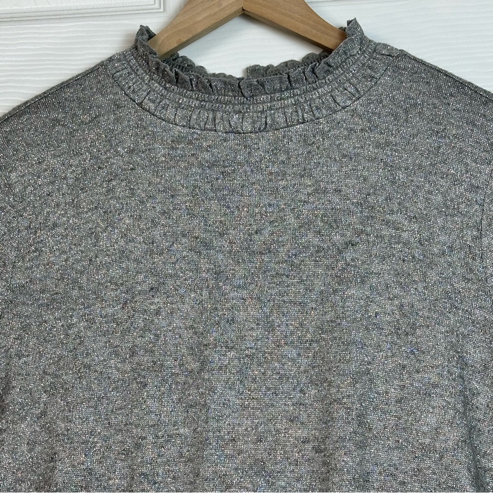 Talbots Gray Metallic Ruffle Neck Sweater L Long Sleeve Velvet Bow Back Holiday - Picture 2 of 12